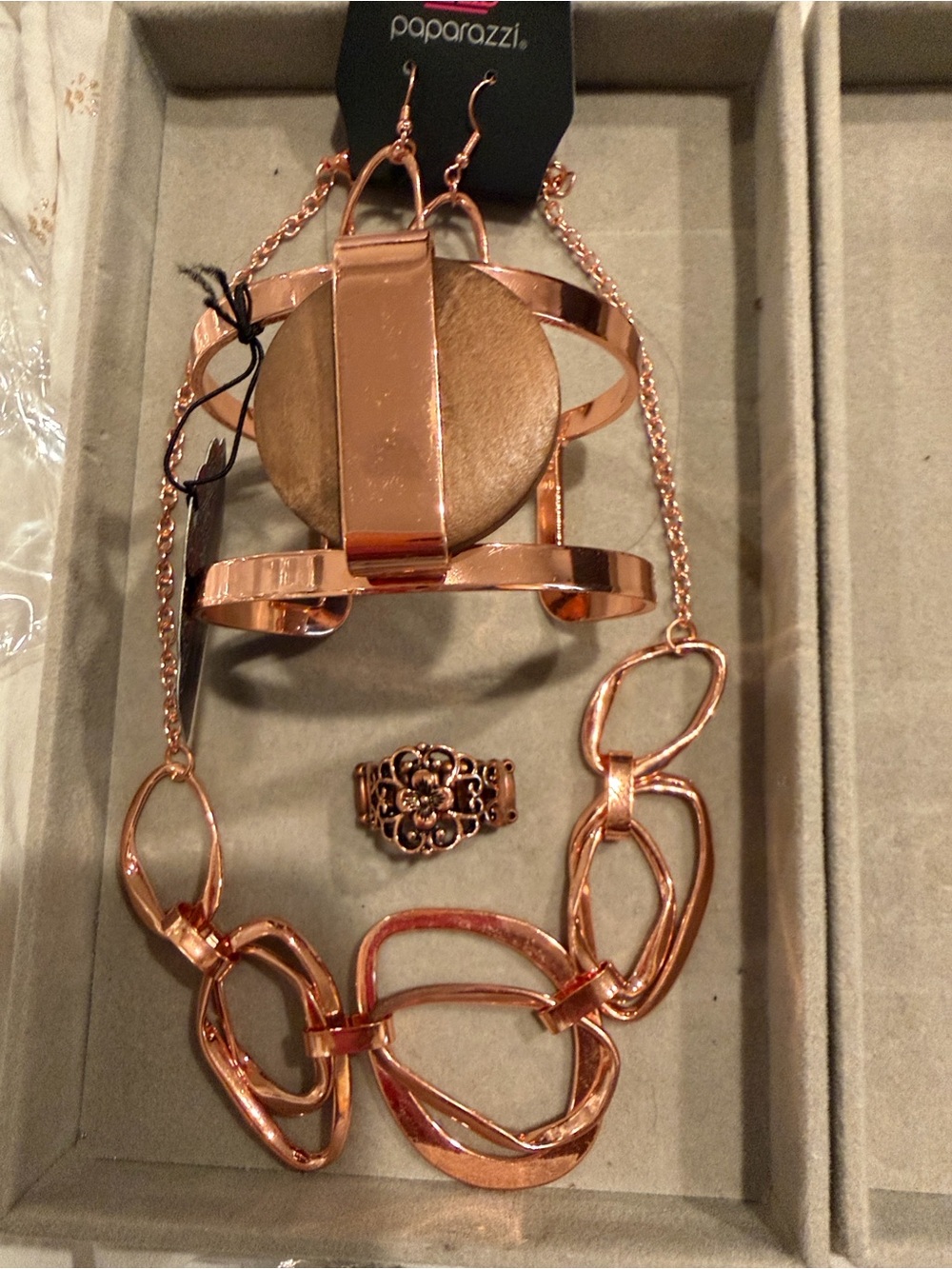paparazzi Rose Gold Linked Necklace, Bracelet, Earrings & Ring Set - Picture 2 of 2